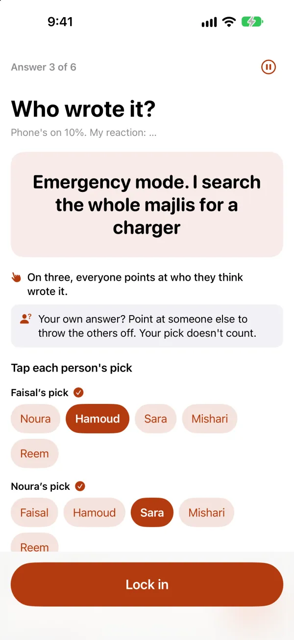 “Who wrote it?” screen: an answer with no name, and each player's pick below it
