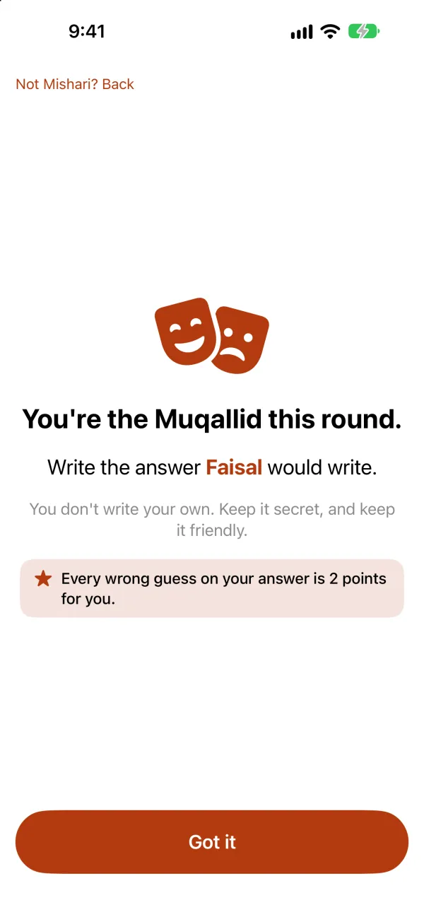 The Muqallid's secret card: “You're the Muqallid this round. Write the answer Faisal would write.”