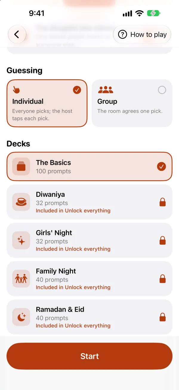 Game setup: The Basics deck selected, and the paid decks locked with “Included in Unlock everything”