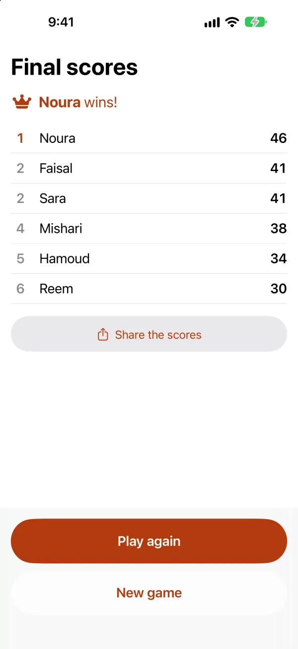 Final scores: Noura wins, with Play again and New game below
